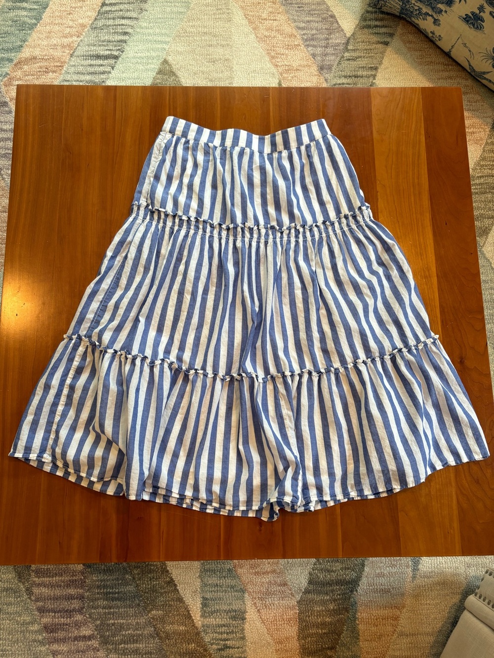 J Crew Blue and White Striped Tiered Midi Skirt